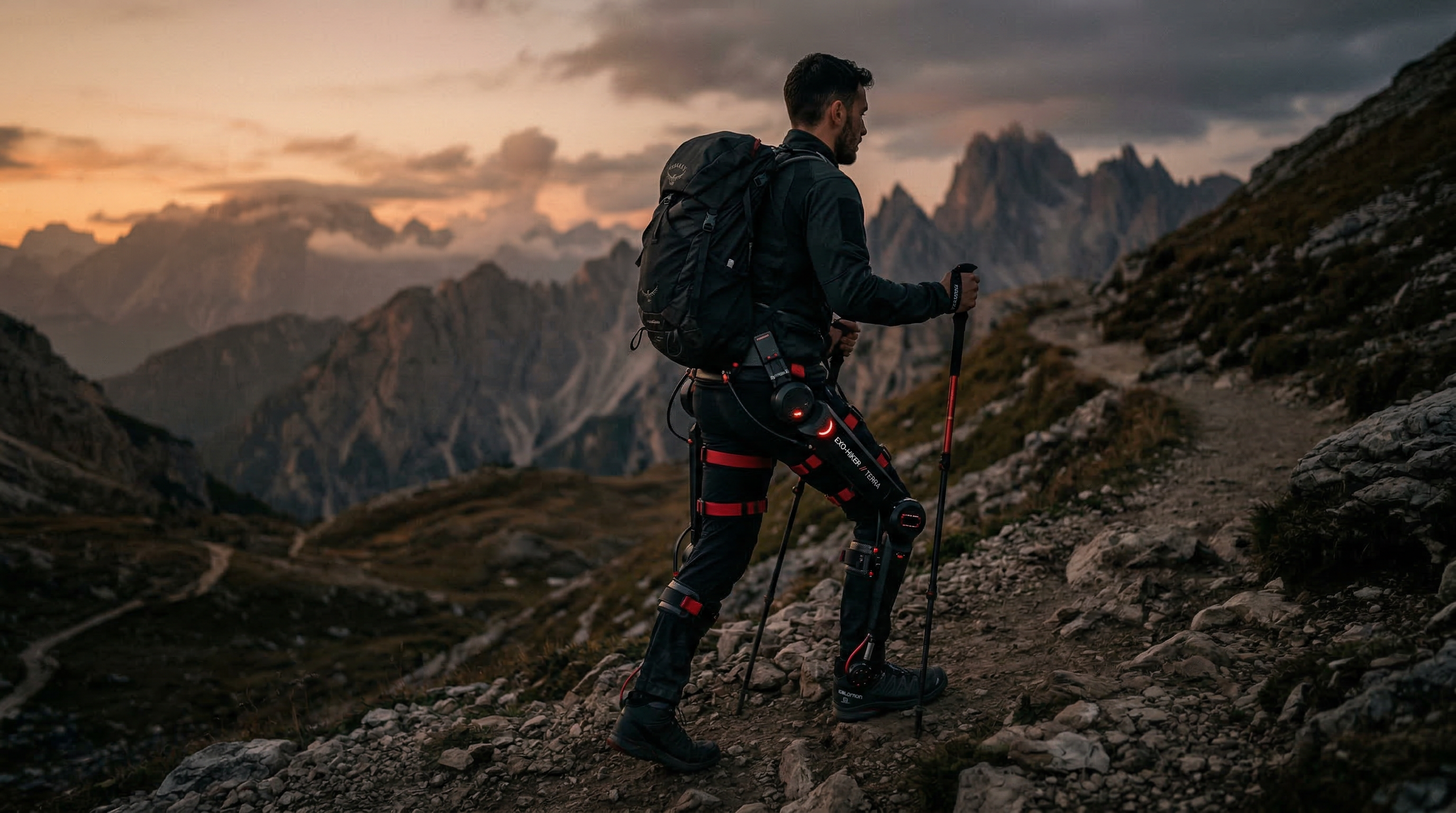 Person wearing the Exyvex exoskeleton in the mountains