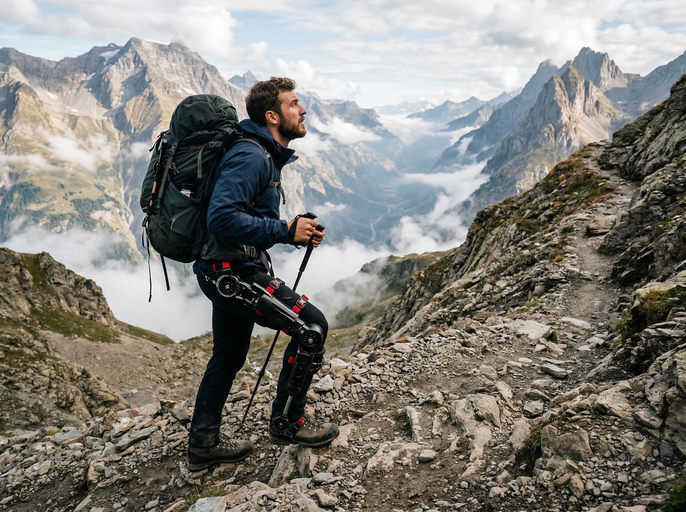 Hiker in the mountains with exoskeleton