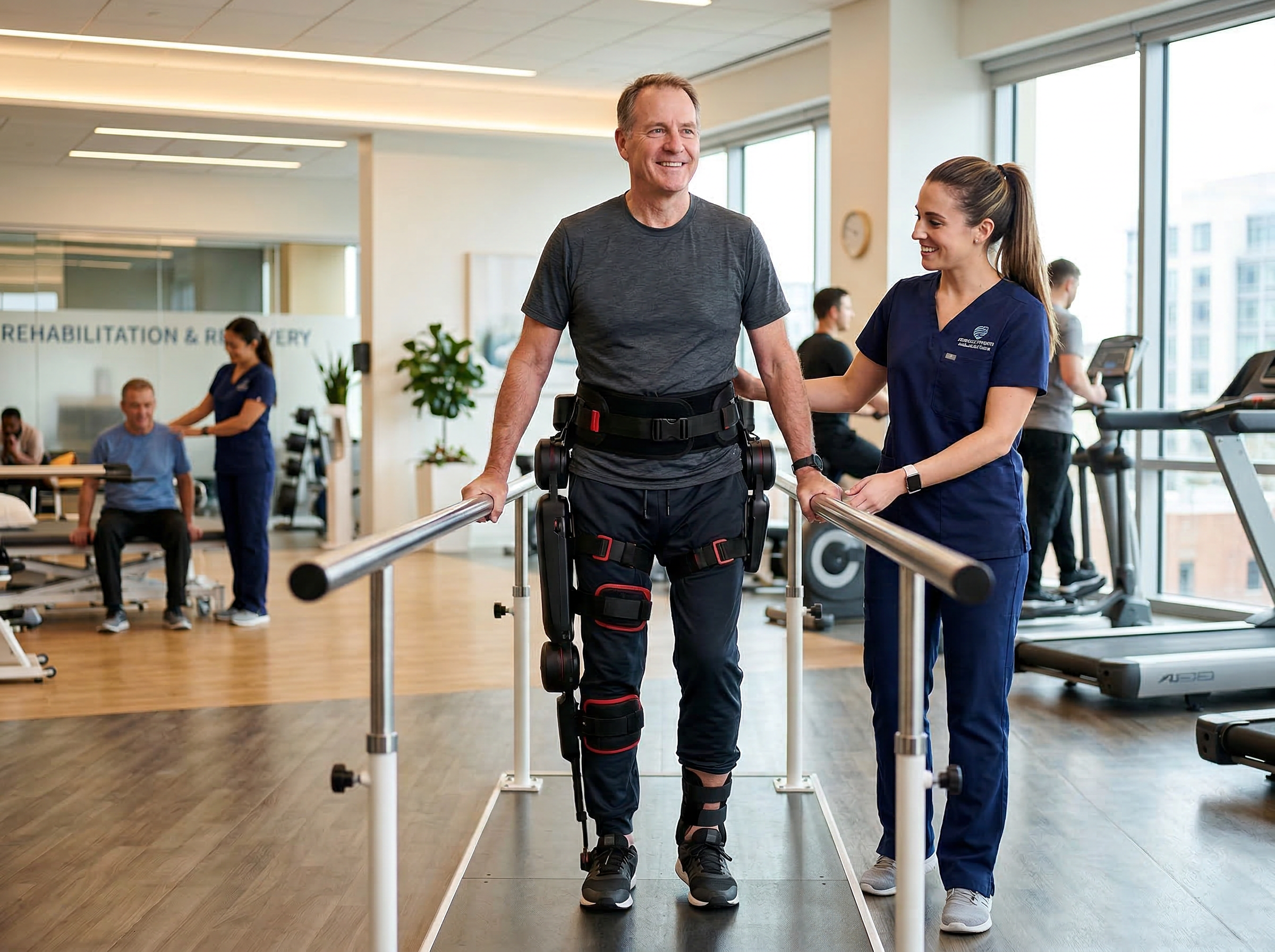 Patient in rehabilitation with the exoskeleton in a medical centre