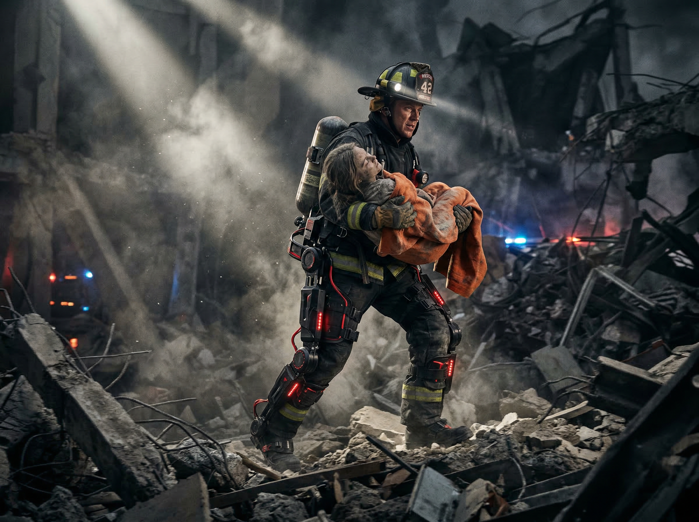 Firefighter carrying a child with the exoskeleton during a rescue